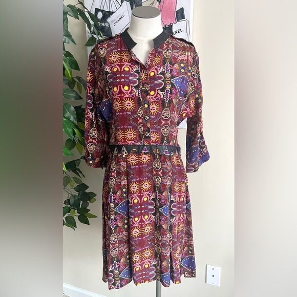 Anthropologie Carolina K Womens Silk Crepe Leather Tribal Averil Mini Dress Sz L - Picture 3 of 14
